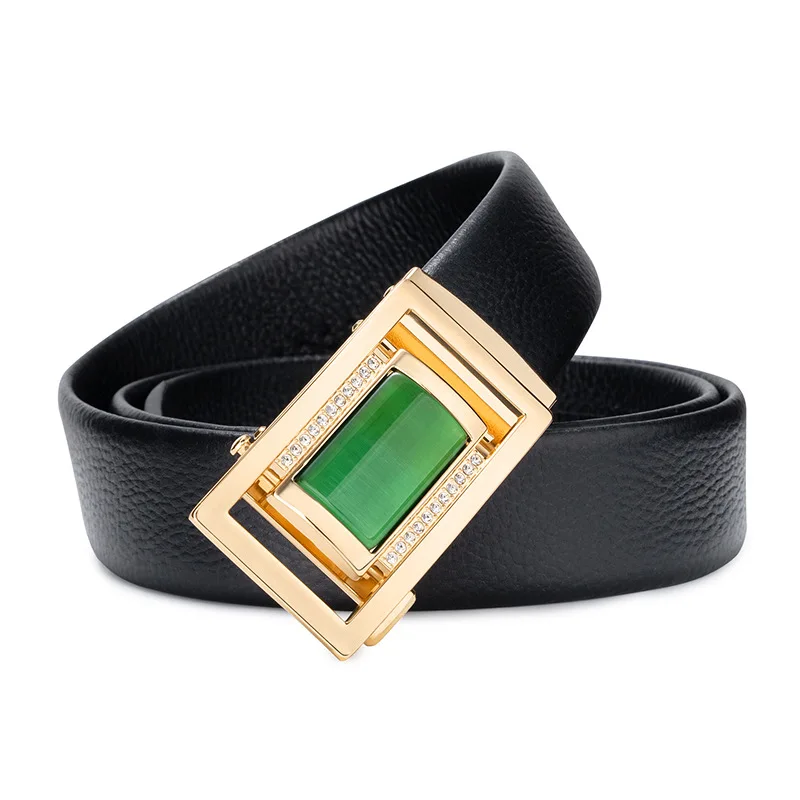 

Подарок на День отца, высококачественный кожаный ремень, мужской ремень с зеленым камнем, деловой ремень из воловьей кожи с автоматической пряжкой, подарок для родителей