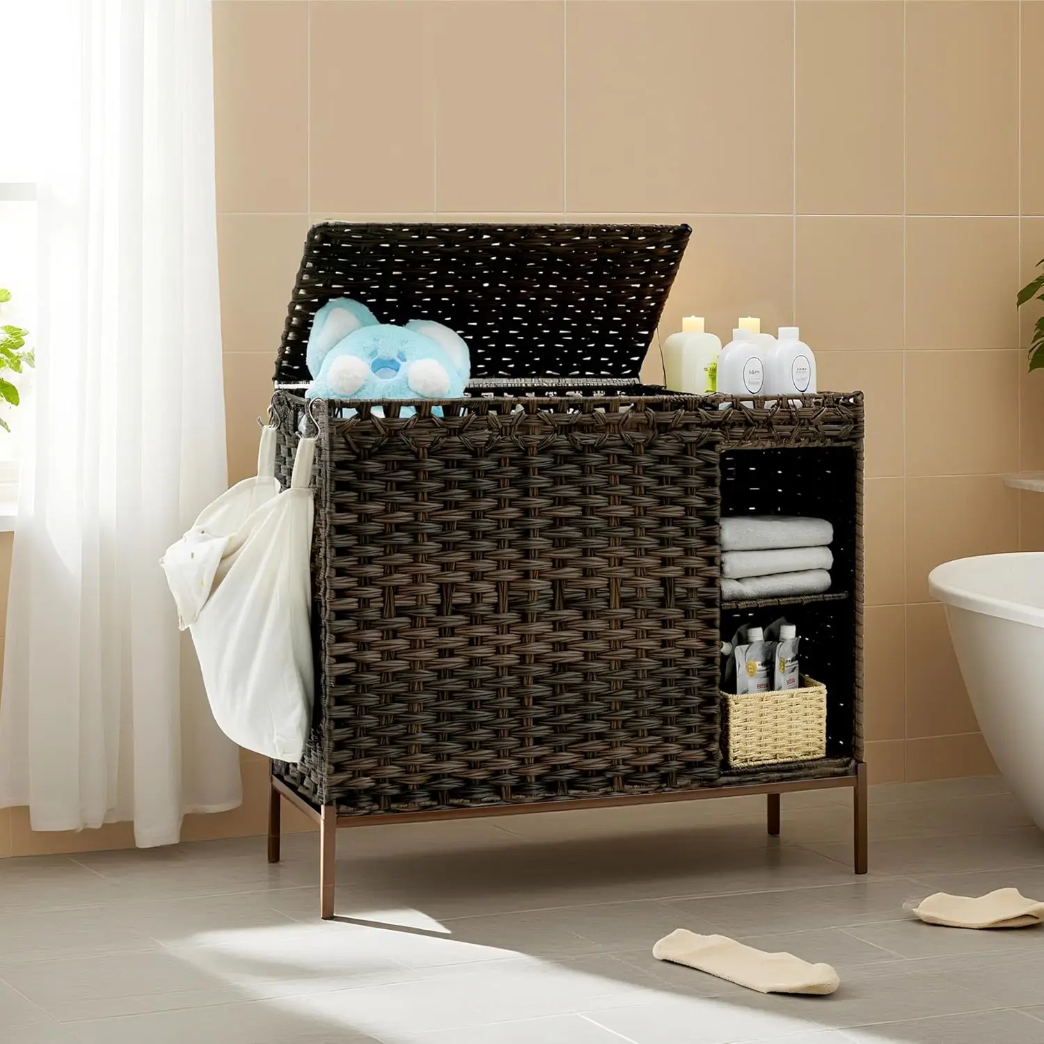 

Корзина для белья из ротанга 130 л с крышкой, 3-секционная корзина-сортировщик, полка для хранения 50 л, коричневая