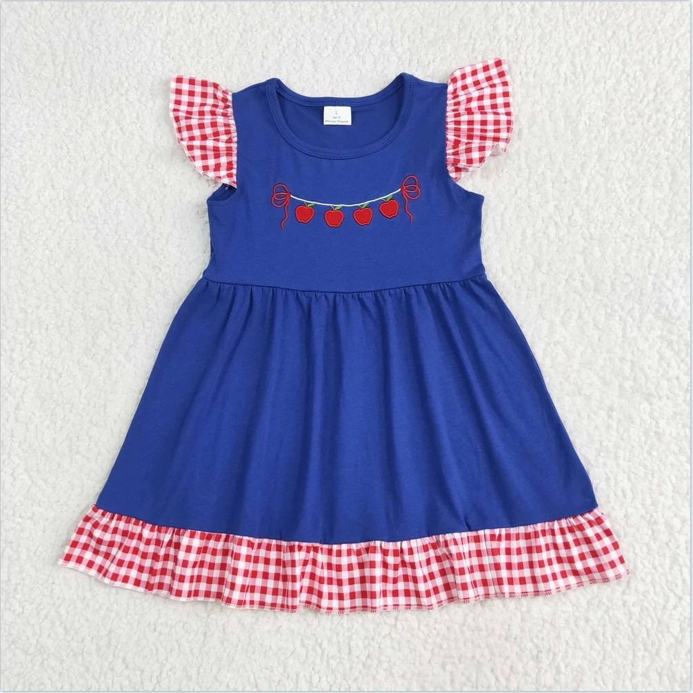

New clothes for girls summer dress Red Plaid Flutter Sleeves Apples dress Wholesale Boutique baby girls clothes