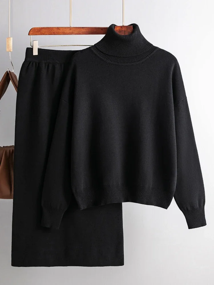 2023 New Autumn and Winter Skirt Sets Solid Color Turtle Neck Half-length Hip Skirts Knitted Suit Two Piece Sets Womens Outifits