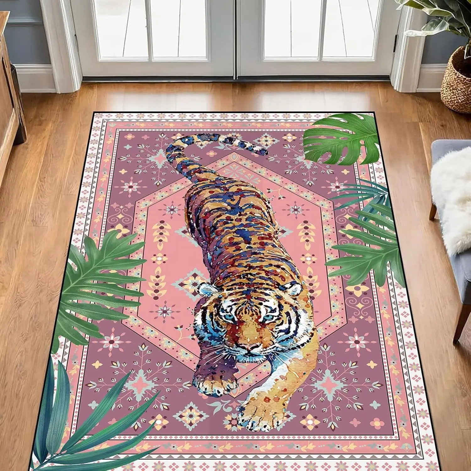 

Коврик с розовым тигром, ковер с тропическими животными для детей, спальни, гостиной, детской коврик с листьями джунглей, современный эстетический нескользящий коврик
