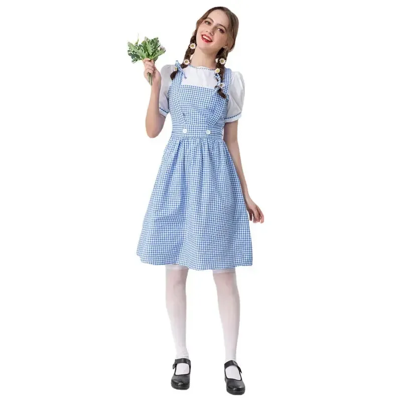

Women Plaid Print Short Sleeve Cosplay Medieval Dress Dress Causal Costumes Dress Preppy Style Blue And White Plaid Dresses