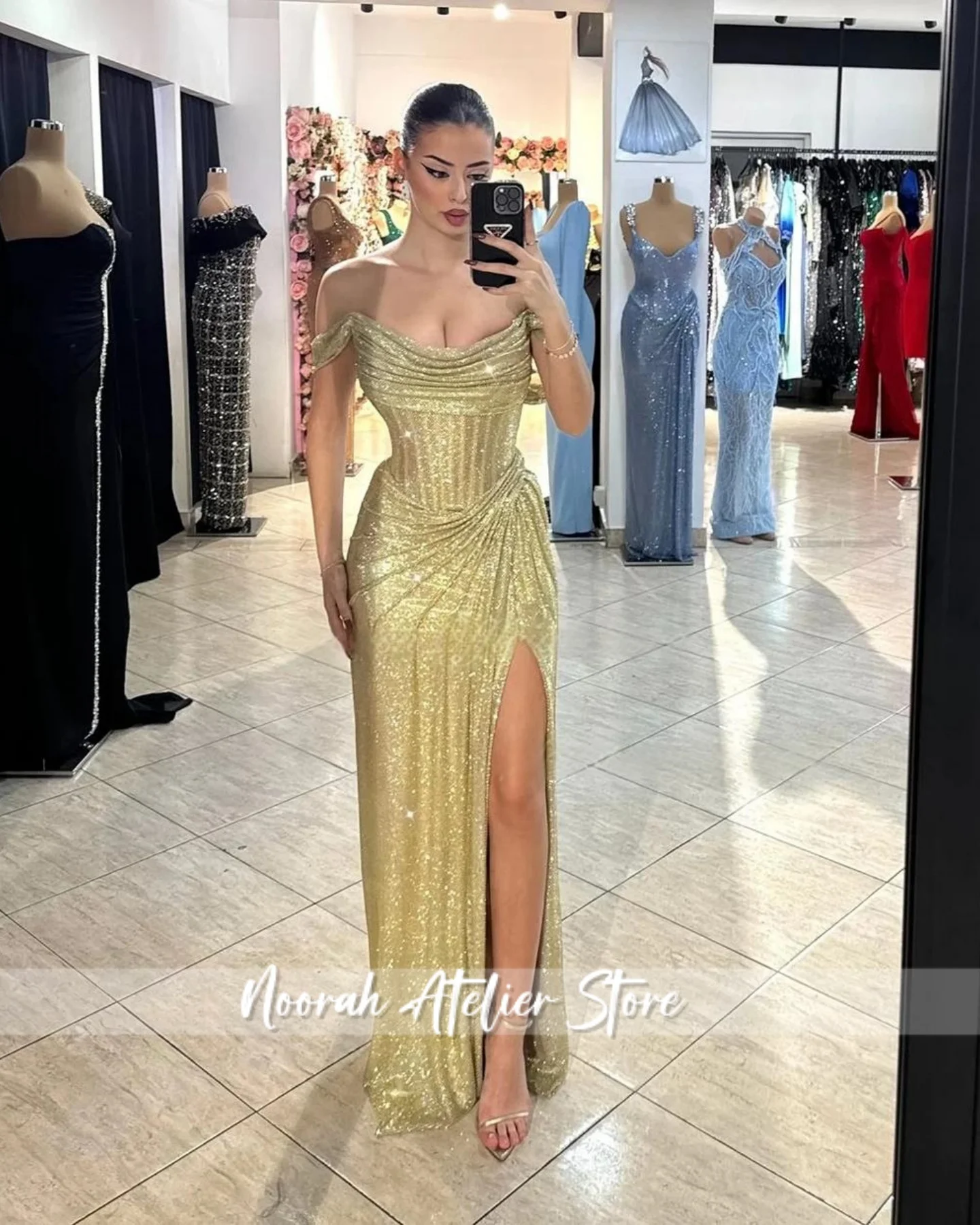 Elegant Gold Off Shoudler New Luxury High Quality Women Evening Dress 2025 HIgh Slit Wedding Long Party Gown Vestidos Customized