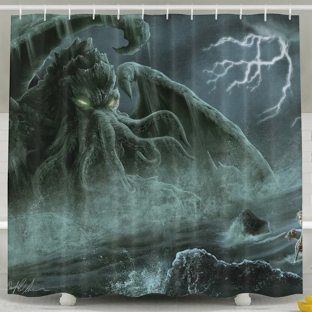 Cthulhu Monster Octopus Shower Curtain Ocean Kraken Tentacles Nautical Sailboat Fantasy Marine Life Artwork Bathroom Curtain Set