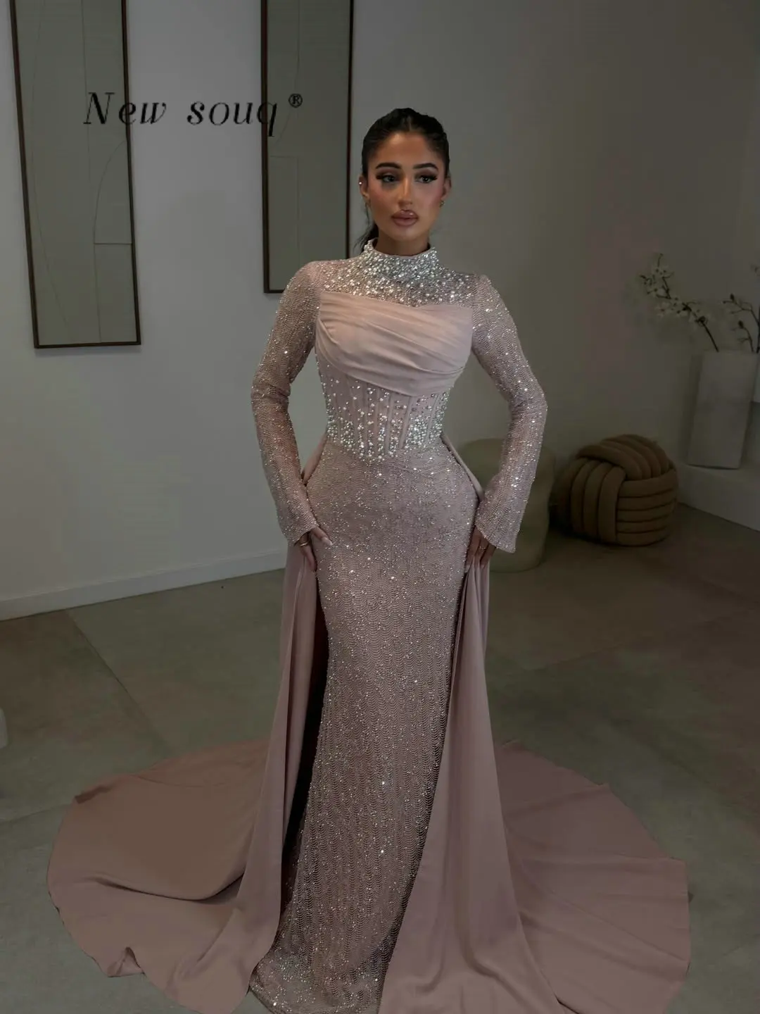 

Elegant Soft Pink Two Pieces Prom Dresses Arabic Pearls Beaded High Collor Long Sleeves Modest Wedding Evening Gowns Customized