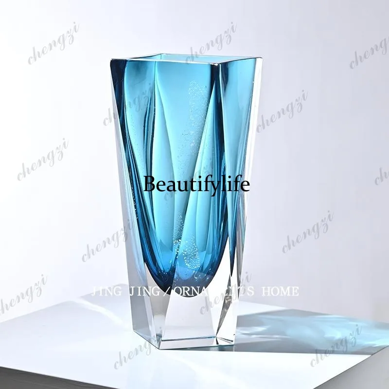 Premium luxury square crystal blue glass vase flower arrangement container living room entrance flower ware