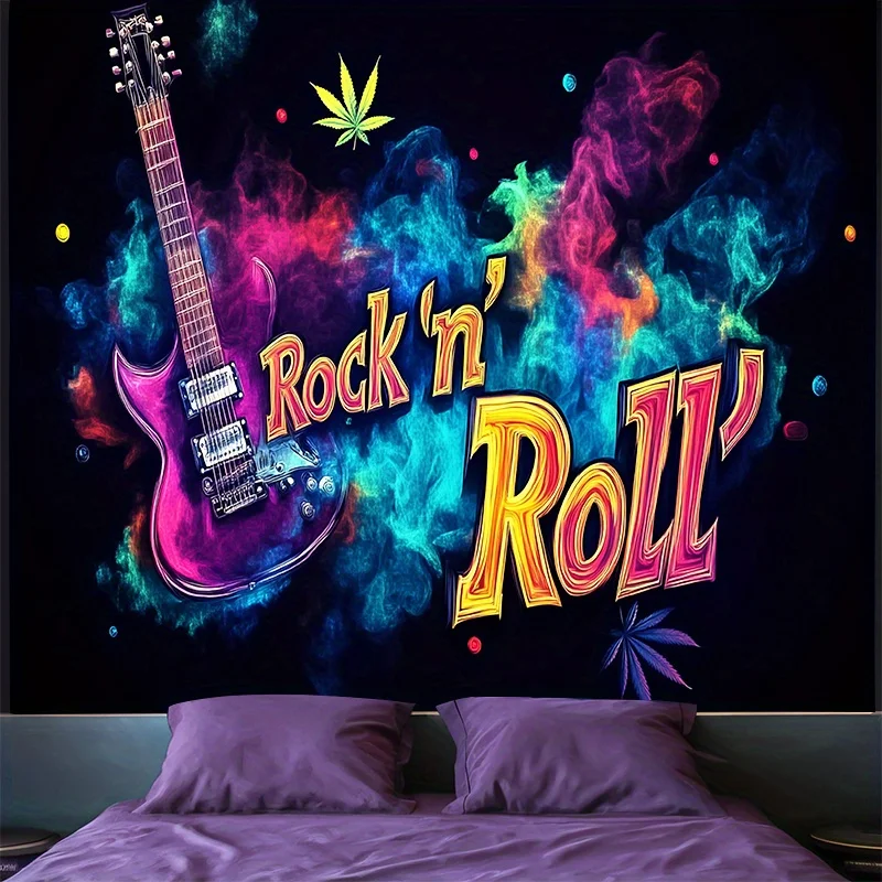 Rock n Roll Tapestry, Psychedelic Guitar Wall Hanging,  Smoke Art Dorm Decor, Colorful Music Bedroom Blanket for Men
