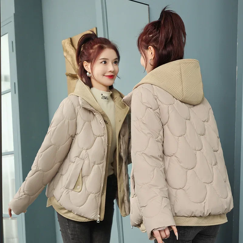 Hooded Parka Fake Two-Piece Down Cotton Clothes Women's New Short Corrugated Burr Thick Warm Cotton-Padded Jacket OutCoat Lady