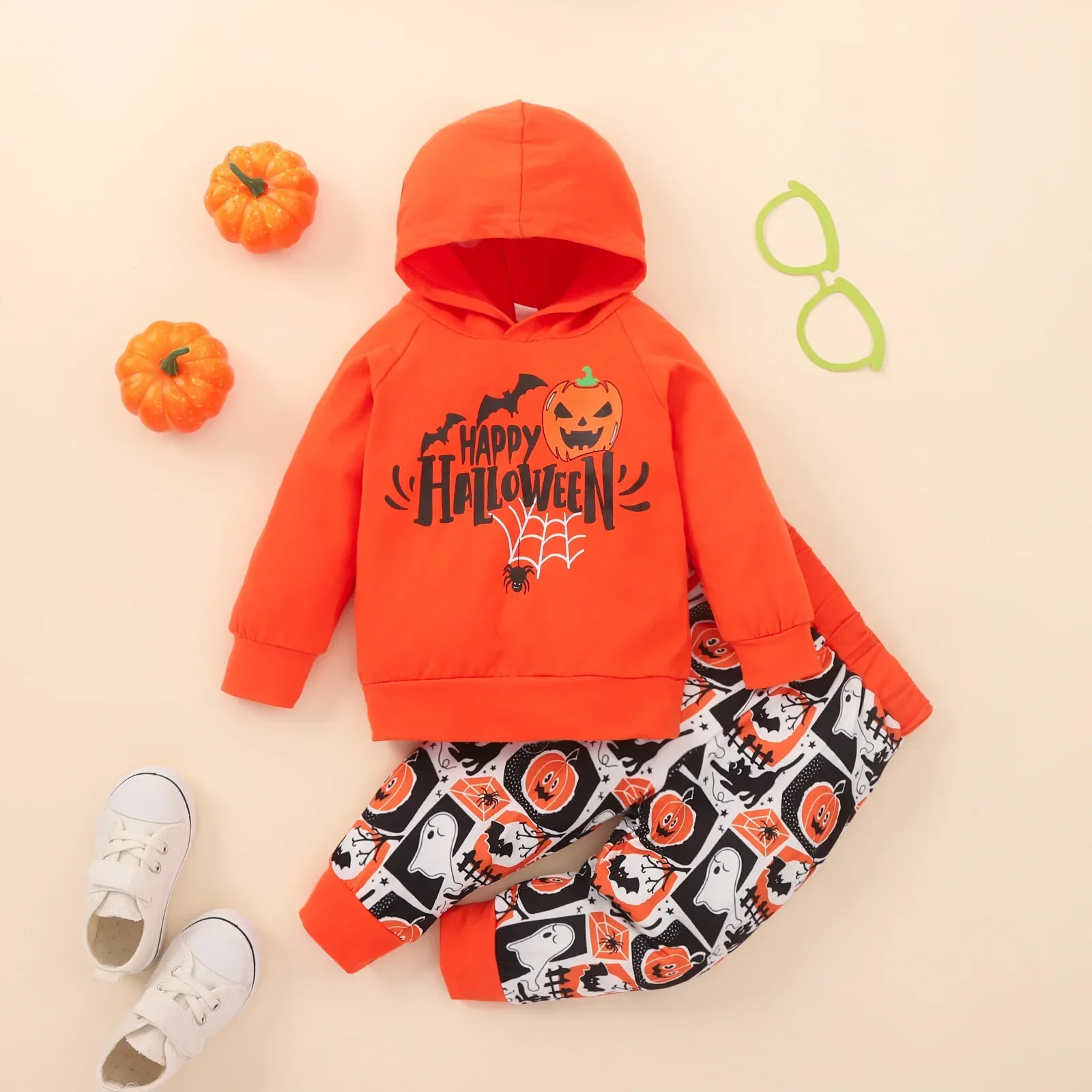 2024 Toddler Boys Girls Clothes Sets Long Sleeve Cartoon Letter Prints Hoodie Halloween T-Shirt Tops Pants Outfits Cosplay Suit