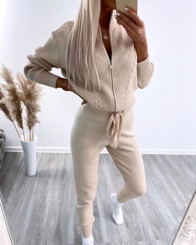 Two Piece Set Women Outfit 2023 Autumn Clothes Casual Zipper Design Long Sleeve Cable Knit Coat & Fashion Drawstring Pants Set