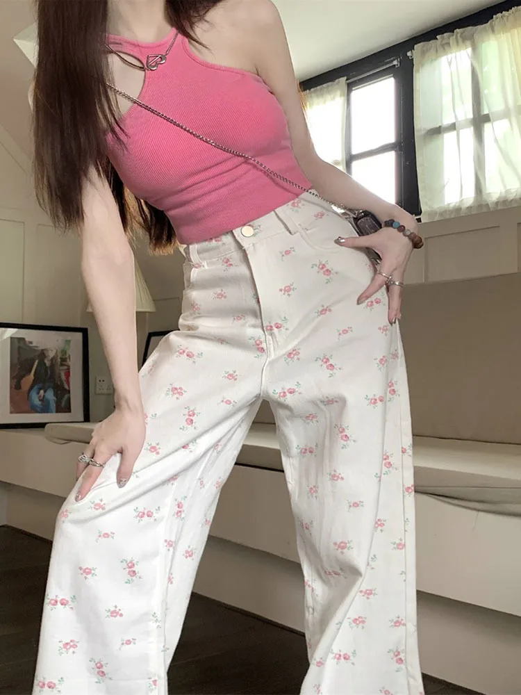 

Floral Printed Denim Pants Vintage Summer New High Waist Wide Leg Jeans Chic Ladies Fashion Long Trouser Streetwear