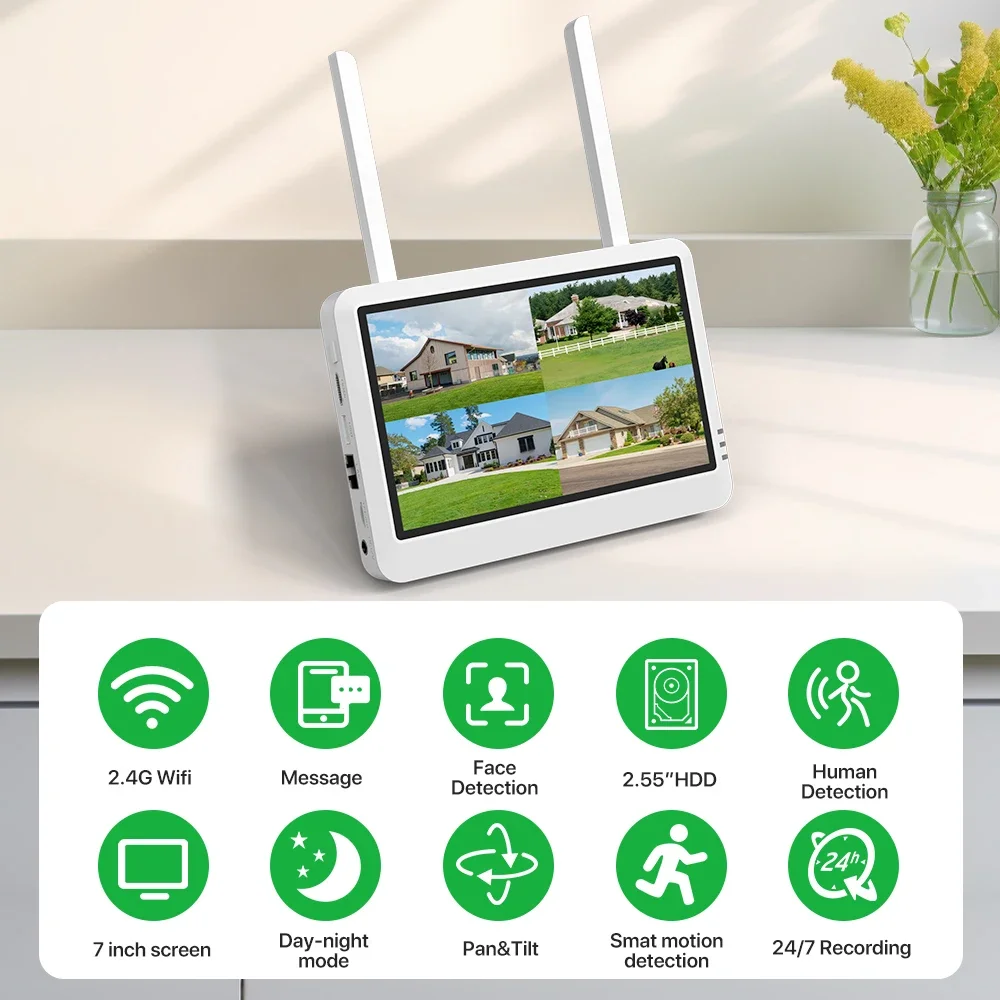 7-inch LCD Monitor Wireless NVR 8CH 5MP 4K Icsee WiFi Security Recorder System Home Video Surveillance ONVIF P2P