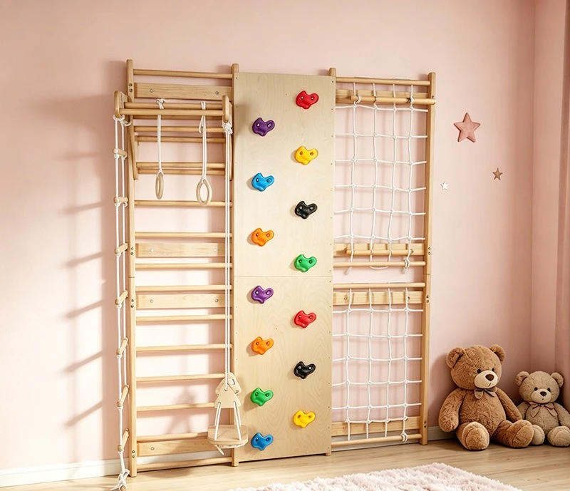 Wooden Indoor Climbing Frame, Multi-functional Workout Wall Mounted Gym Training Structure with Climbing Holds, Rope Net, Swing