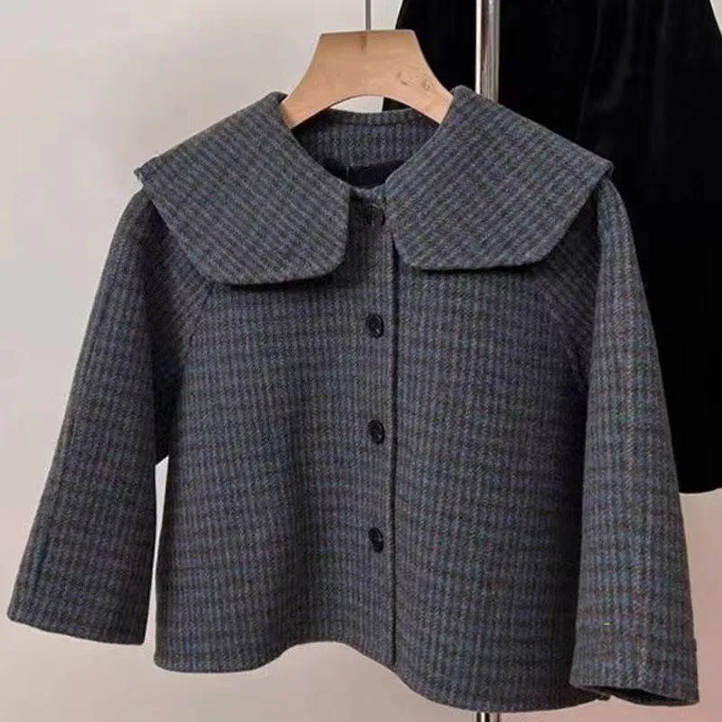 

2-7 Years Autumn and Winter Girls Plaid Woolen Coat 2025 New Children's Lapel Casual Short Navy Collar Stylish Coat 90-140CM