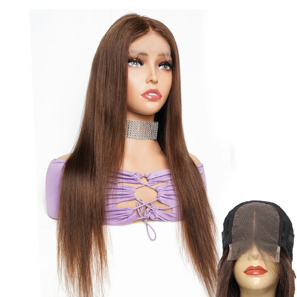 Kisshair 4x4 Lace Closure Wigs #2 #4 Dark Brown Straight 12-26 Inches Remy Indian Human Hair 4*4 Lace 150% Density Wigs