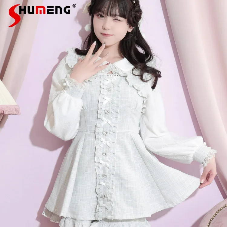 

Элегантное милое платье Лолиты в японском стиле, комплекты из бисера, кружево, кукольный воротник, длинный рукав, бант, платье, шорты, комплект из двух предметов для женщин