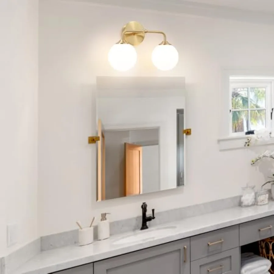 Modern s Bathroom Fixtures, Brass Vanity Light with Milky White Globe Glass Shade, Elegant Vanity Light Fixtures over Mirror, W