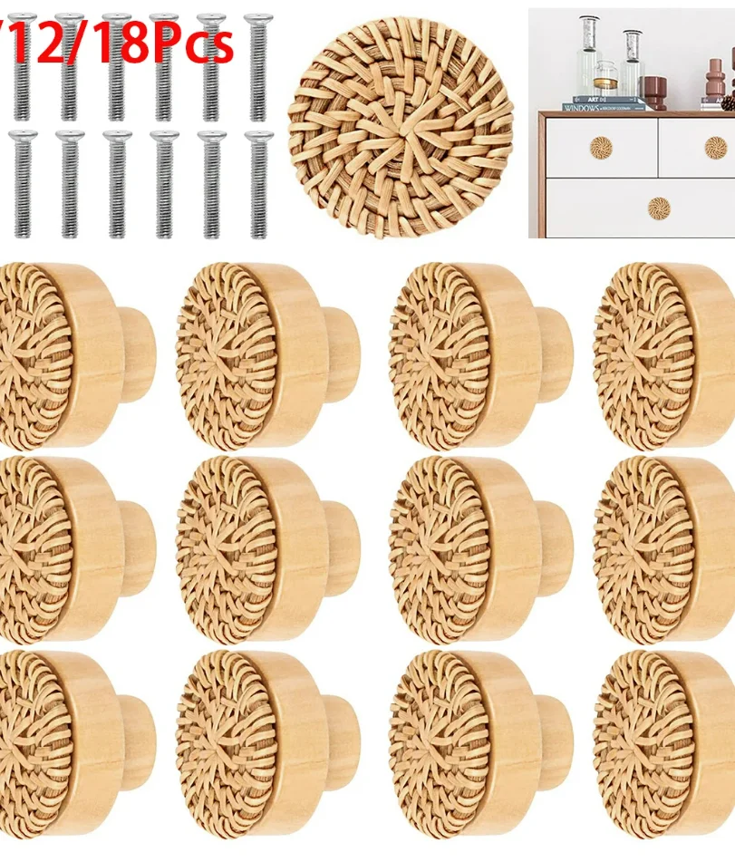 6/12Pcs Rattan Handles Furniture Cabinet Knobs Vintage Dresser Pulls Handmade Woven Kitchen Handles Drawer Knobs Cupboard Handle
