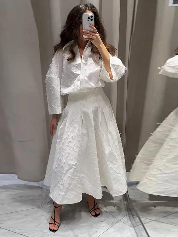 

Tassel Texture A-line Skirt Shirt Two Piece Set Women Long Sleeved Lapel Top Pleated Half Skirts 2025 Lady Casual Dress Set Suit