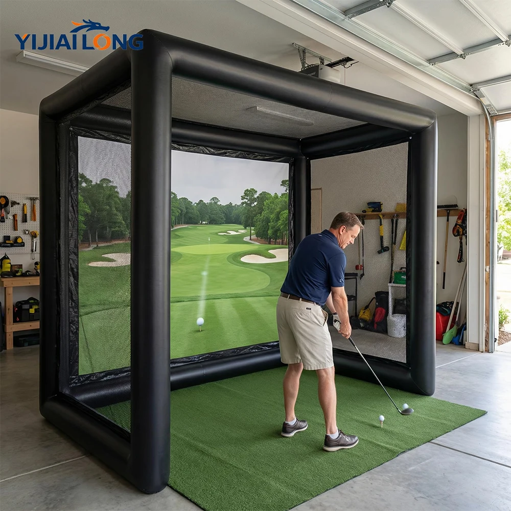 Halloween Inflatable Golf Simulator Enclosure, Portable Golf Practice Net Tent with Projection Screen & Air Pump, Spooky Party Theme Golf Training for Garage, Indoor & Outdoor