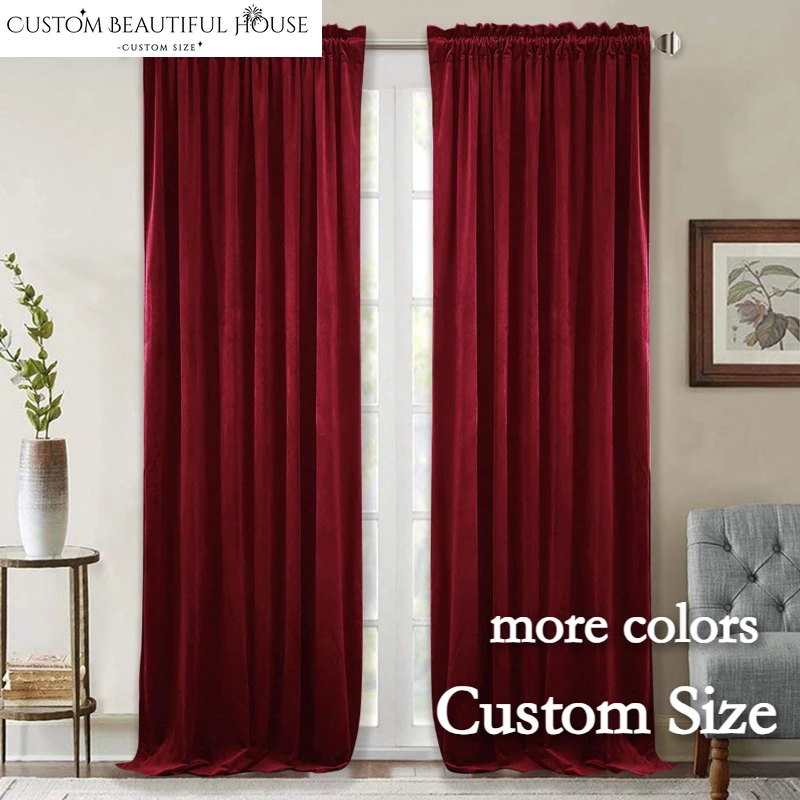 European Burgundy Dutch Velvet Solid Color Blackout Custom Size Luxury Elegant Curtains for Living Dining Room Bedroom Door