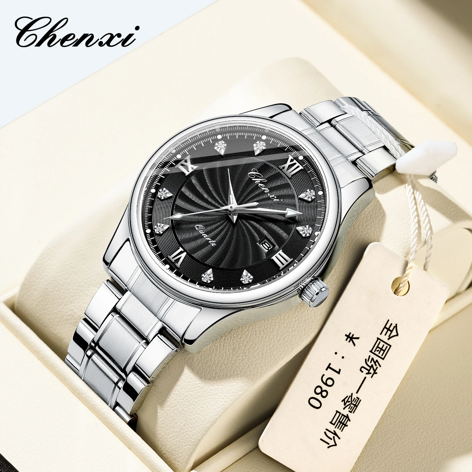 CHENXI 012 ساعة كوارتز رجالية عادية تقويم مضيء مقاوم للماء الفولاذ المقاوم للصدأ موضة ساعة بسيطة ساعات أنيقة للرجال