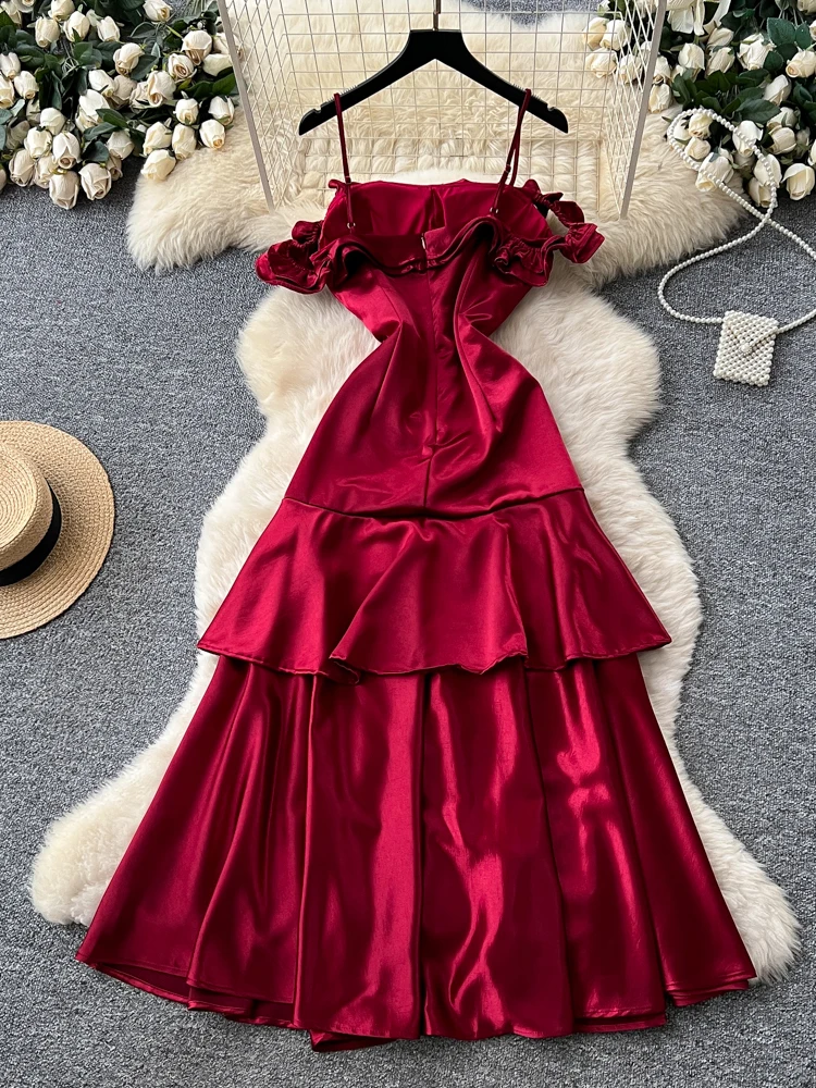 تنورة نسائية متوسطة الطول من الساتان والحرير باللون الأحمر على شكل حرف a بخصر عالٍ فستان مناسب للتنقل الفرنسي Sle Ci