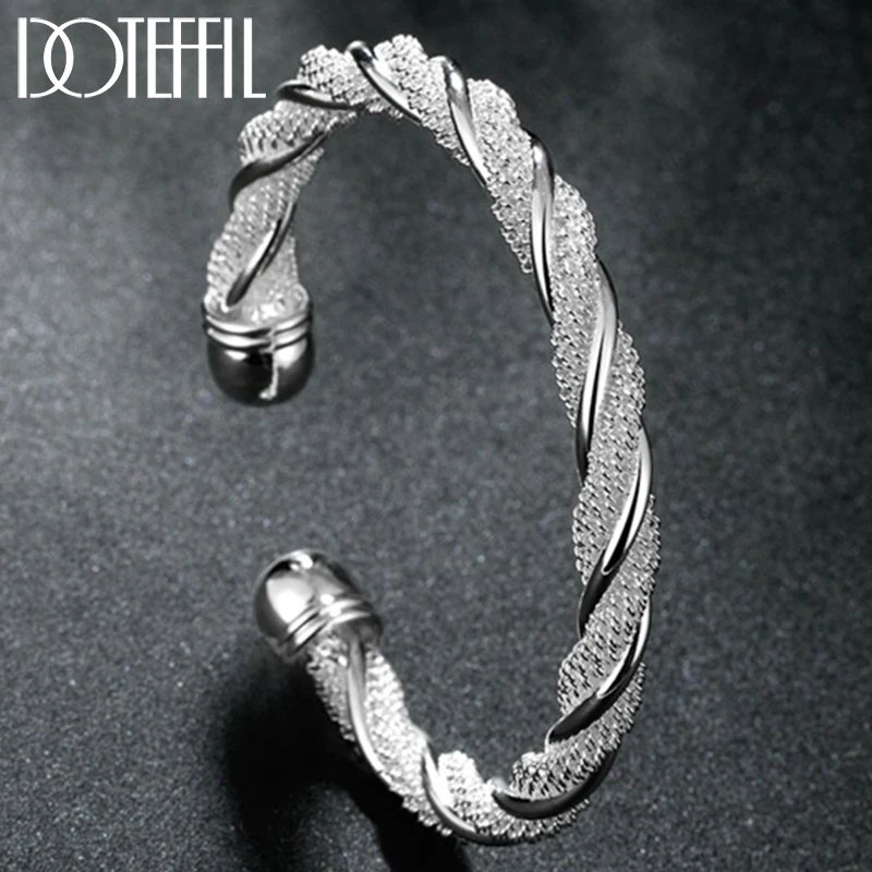 

DOTEFFIL 925 Silver Sterling Mesh Wide Braided Bangle Wristband Bracelet For Women Man Jewelry Bijoux Punk Jewelry