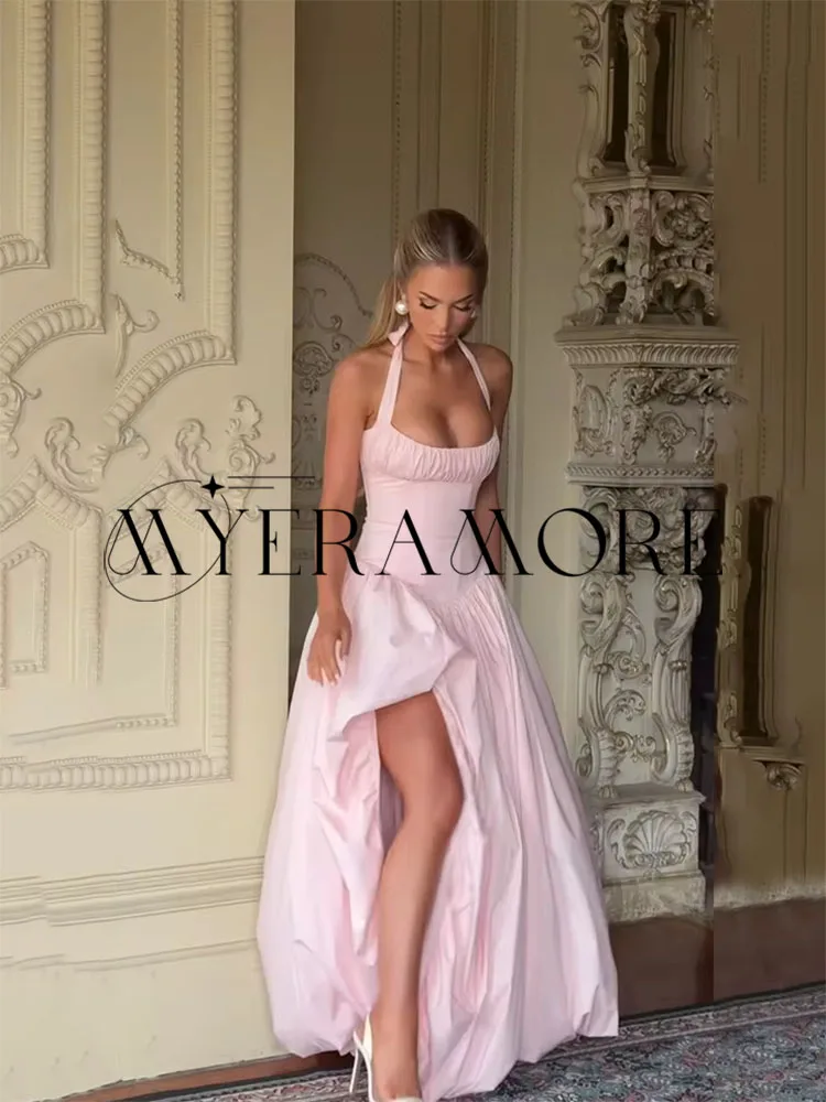 

Fashion Pink Halter Evening Dresses A-Line Side Slit Pleat Women Prom Dresses Customized فساتين سهرة