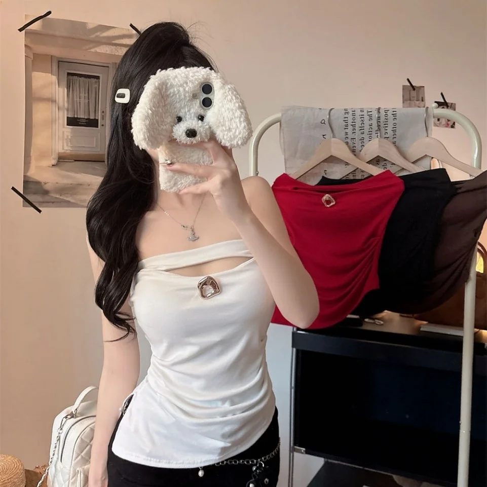 Summer New Sexy Pleated Asymmetrical Hemline Women's Slim Fit Hollow out Fixed Strap Chest Pad Versatile Top Nylon Cotton Spa...