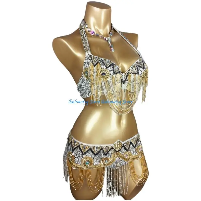 

573B 2Pieces Belly Dancing Outfits Belly Dance Costume Carnival Bra Belt Tribal Belly Dance Bra and Belt for Women Adults