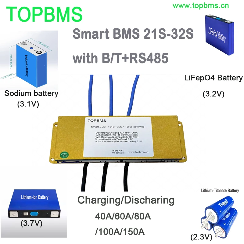 TOPBMS 21S -32S BMS Bluetooth RS485 40A 60A 80A 100A 150A Li-ion NMC Battery Lifepo4Battery LTO Battery Sodium-Ion Battery