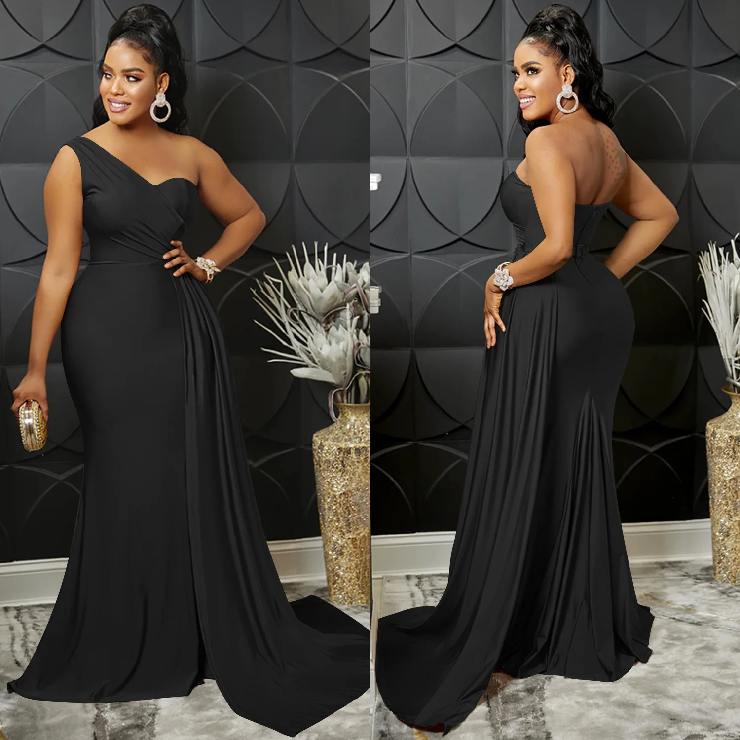 Asymmetrical One Shoulder Long Maxi Dresses Women High Waist Sleeveless Black White Gold Night Club Wear Party Bodycon Dresses