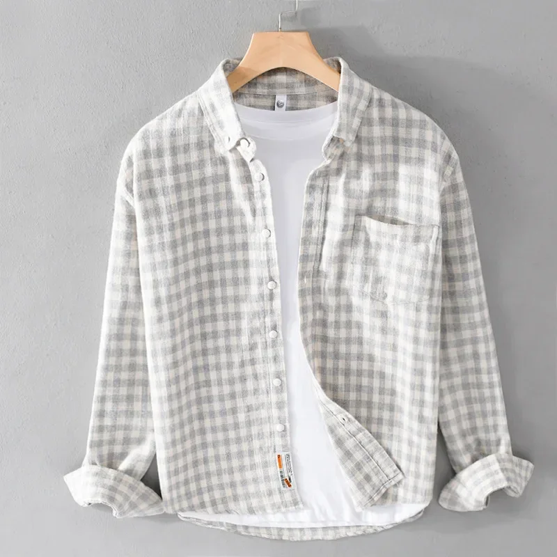 Japanese Retro Plaid Shirt Men Long Sleeve Autumn Daily Casual Shirts Pure Cotton Top Lapel Brushed Shirt Simple Men's Clothing
