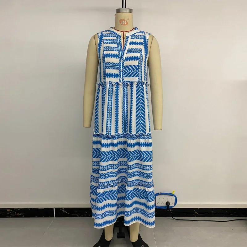 Abito Boho con volant e stampa geografica, collo dentellato da donna, senza maniche, per le vacanze al mare, con bottoni, abiti lunghi estivi con altalena