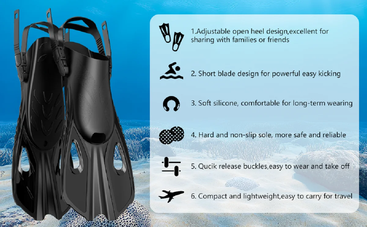 Maskenflossen, Schnorchelset, 4-in-1, Panoramablick, Trockenoberteil, verstellbar, kurze Tauchflossen, Reisetasche, Tauchausrüstung, Tauchen, Schwimmen, Erwachsene – Detail 7