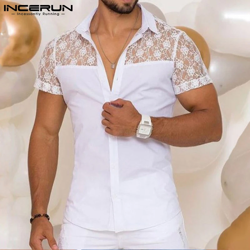 Incerun Tops 2024 American Style neue Männer lässig Spitze Druck Patchwork Shirts Fashion Party zeigt kurz ärmel ige Bluse S-5XL