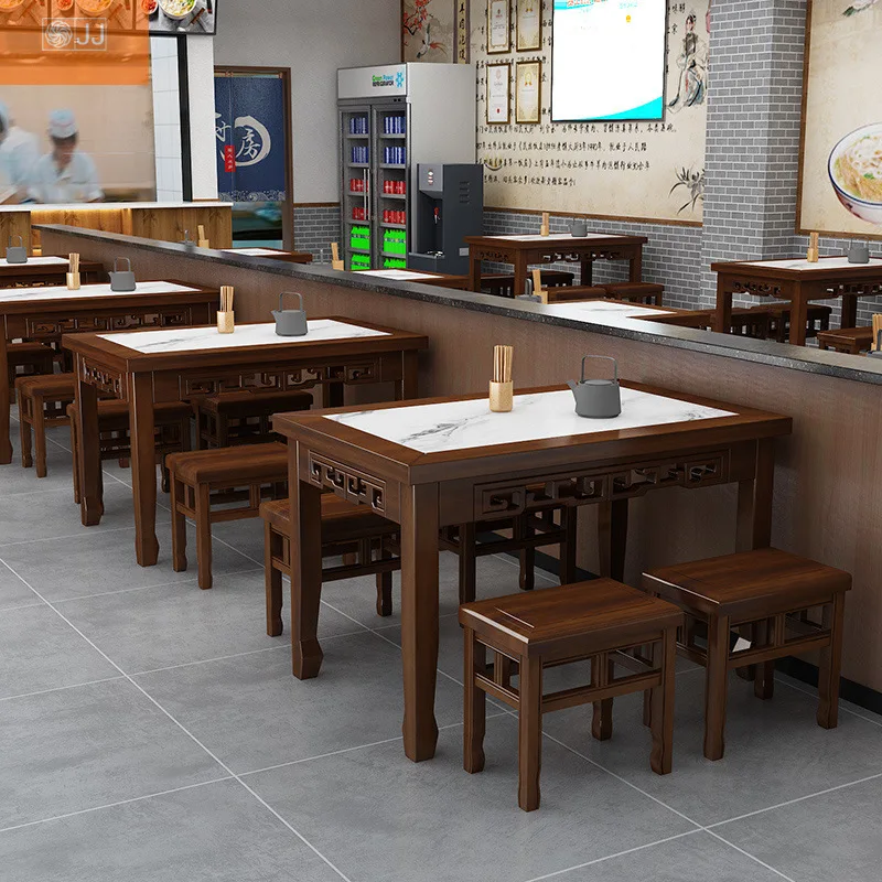 Solid wood Chinese hotel dining table table and chairs Noodle restaurant combination snack bar antique carved breakfast