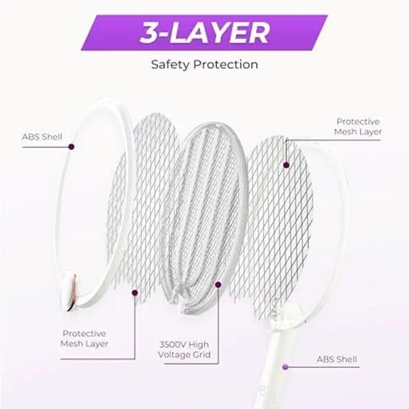 ABWR-White Electric Fly Swatter, Rechargeable Racket With USB Charging, Foldable Insect Zapper For Indoor And Outdoor Use