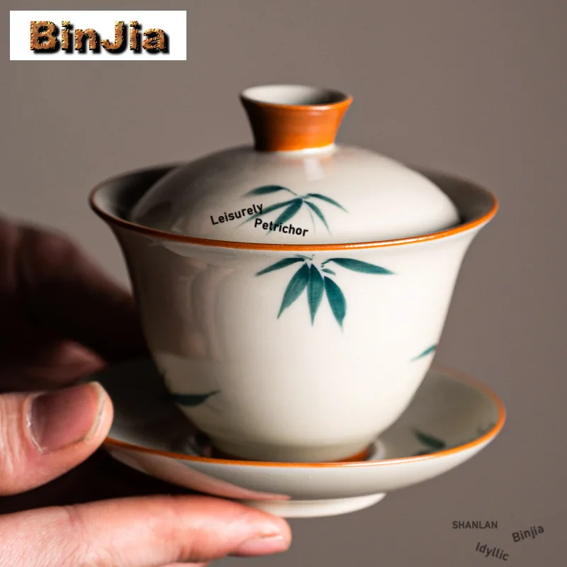 

Ручная роспись бамбуковых листьев Ru Kiln Gaiwan Элегантная чайная вареница Бытовая чайная миска с крышкой Набор для приготовления чая Крышка для чайного ремесла