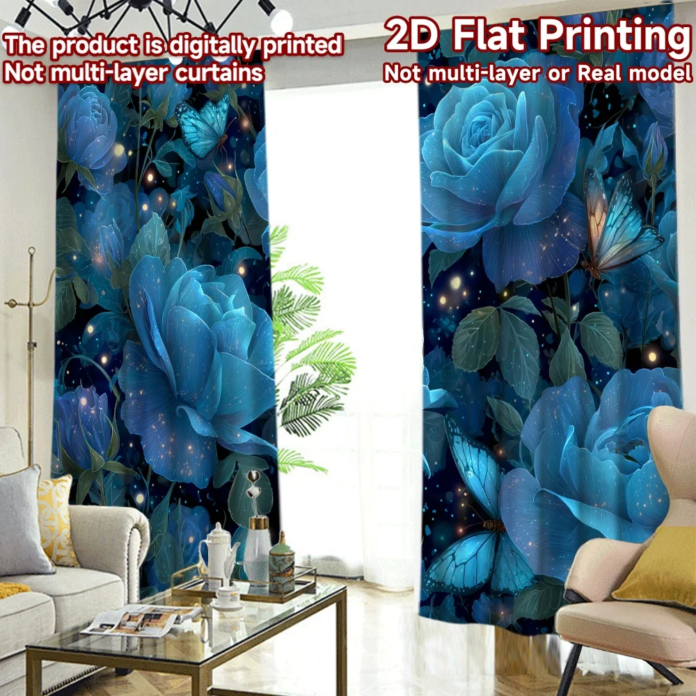 2D FLAT PRINTING 2pcs Curtains (Without Rod) Blue Roses and Butterflies Fashionable Modern Curtains Yarn Curtains Gifts Suitable