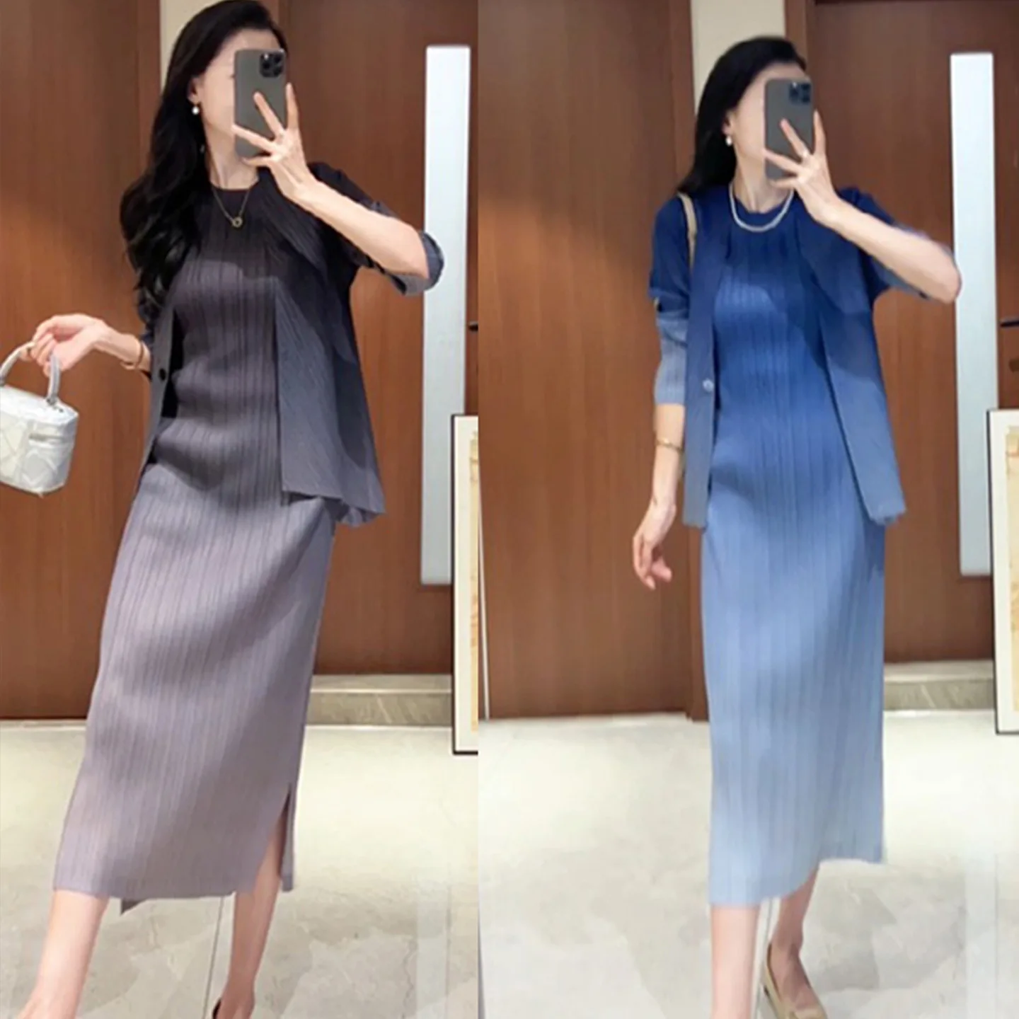 

Miyake Pleated 2025 New Spring and Summer Gradient Pleated Dress Cardigan Two-piece Female Commuting Temperament Fashion Set