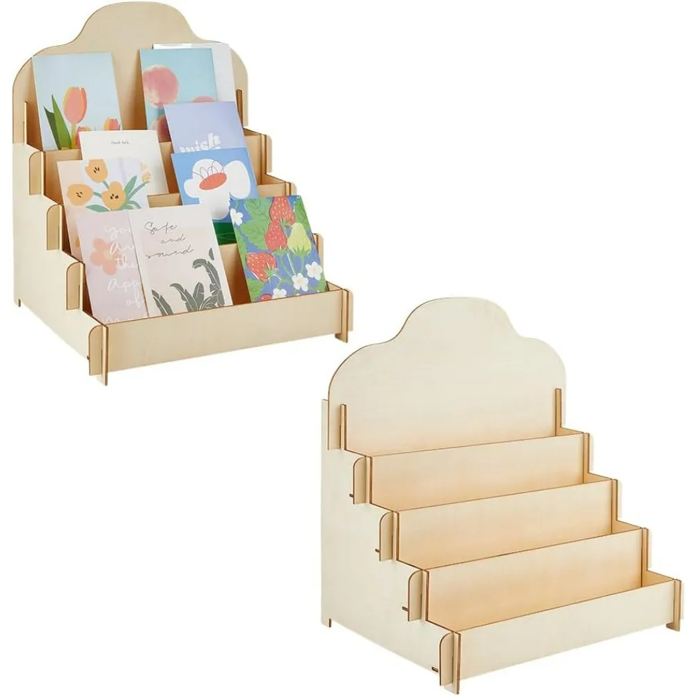 

2 Sets 4-Tier Greeting Card Display Stand Wood Sticker Display Stand Portable Card Rack Display Postcard Display Shelf Jewelry