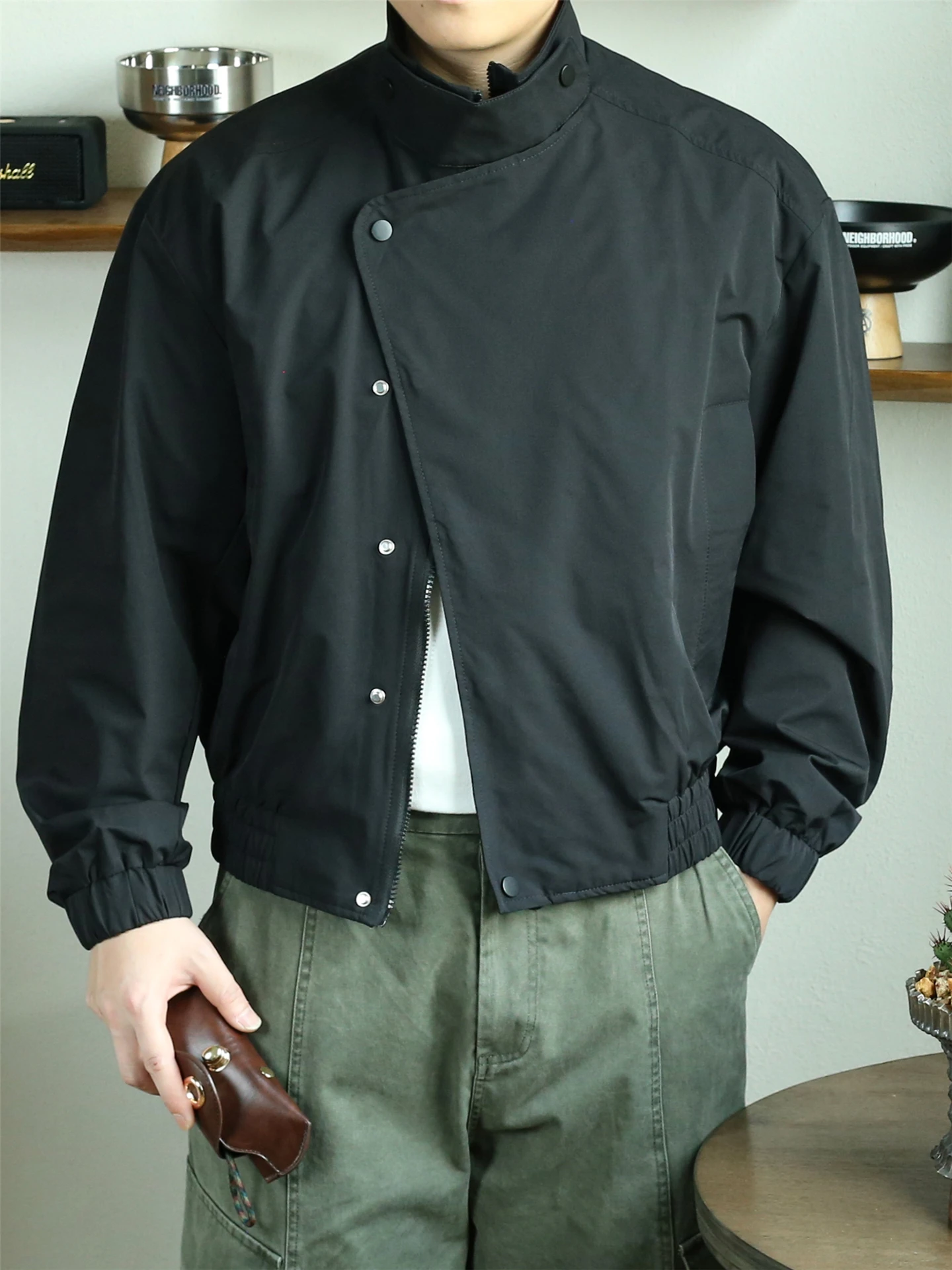 

Cleanfit American High Street ort Jaet Men's Casual Design Sense Cool Cleanfit Stand Collar Motorcycle Coat for Autumn