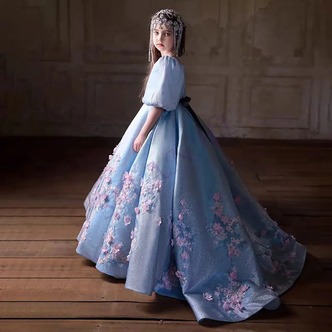 

CustomizedLuxury 3D Flowers Blue Flower Girl Dress Arabic Half Sleeve for Princess Kids Birthday Wedding Party Pageant Gown