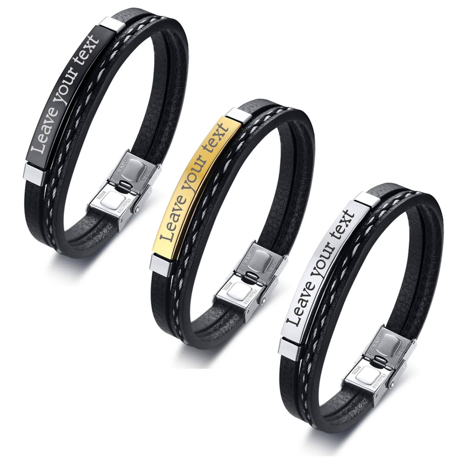 Dubbellaagse gecoördineerde PU lederen armband met gebogen plaat van roestvrij staal, gegraveerd, modieus juweel, Vaderdag cadeau - afbeelding 2