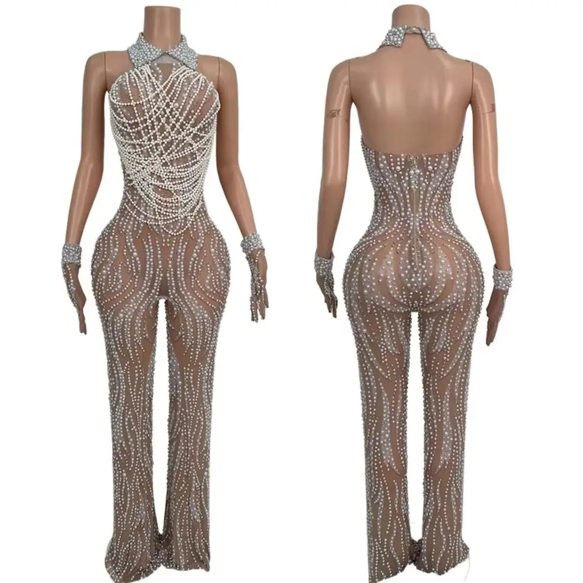 Women Silver Pearl Sheer Mesh Jumpsuit with Gloves Flare Leg Open Back Sparkly Pearls Evening Party Luxury Sexy Outfit Bailing