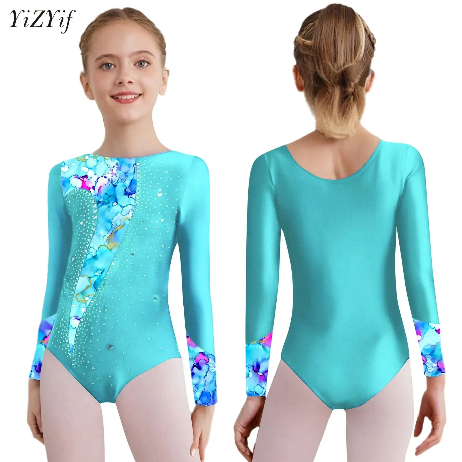 Kids Girls Gymnastics Leotards Rhinestone Long Sleeve Ballet Dance Bodysuit Metallic Contrast Figure Skating Training Jumpsuit