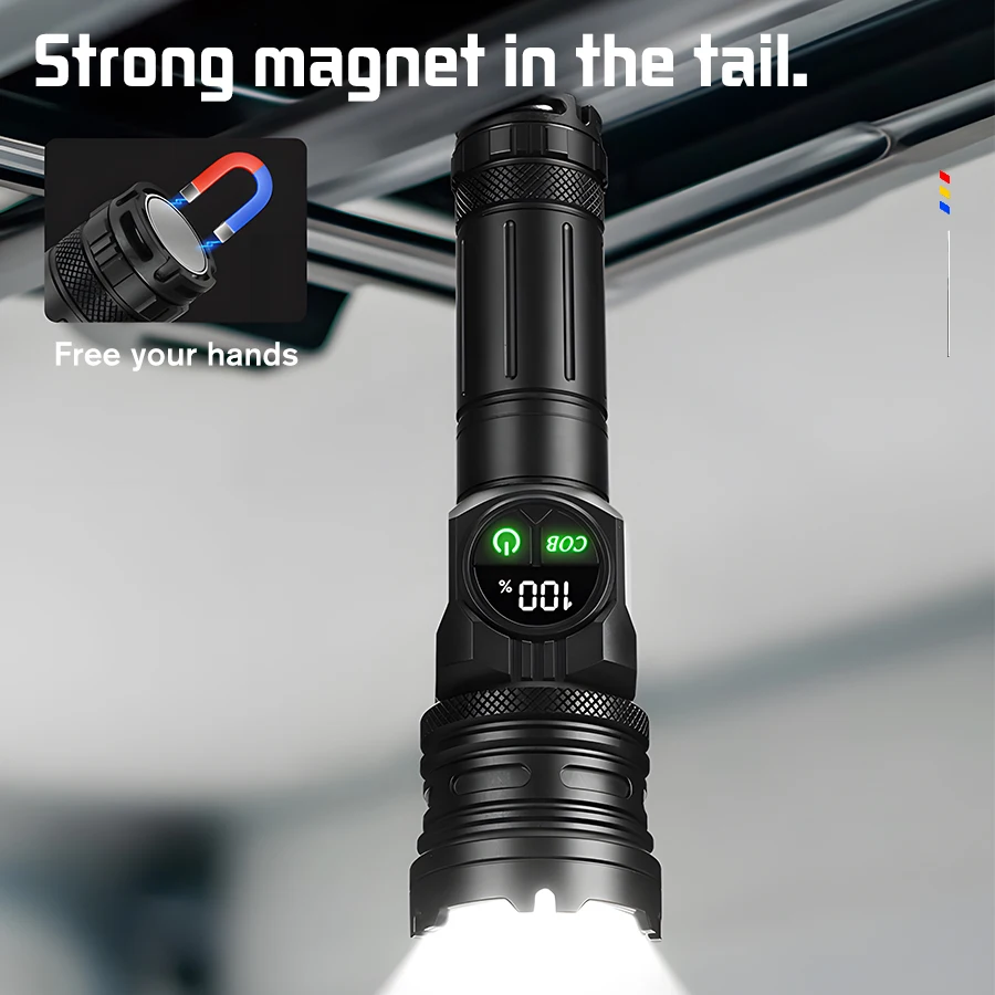 Senter LED jarak jauh, lampu senter LED jarak jauh dengan COB samping, lampu Magnet ekor kuat, pengisian tipe-c, lentera senter paduan aluminium dapat diperbesar