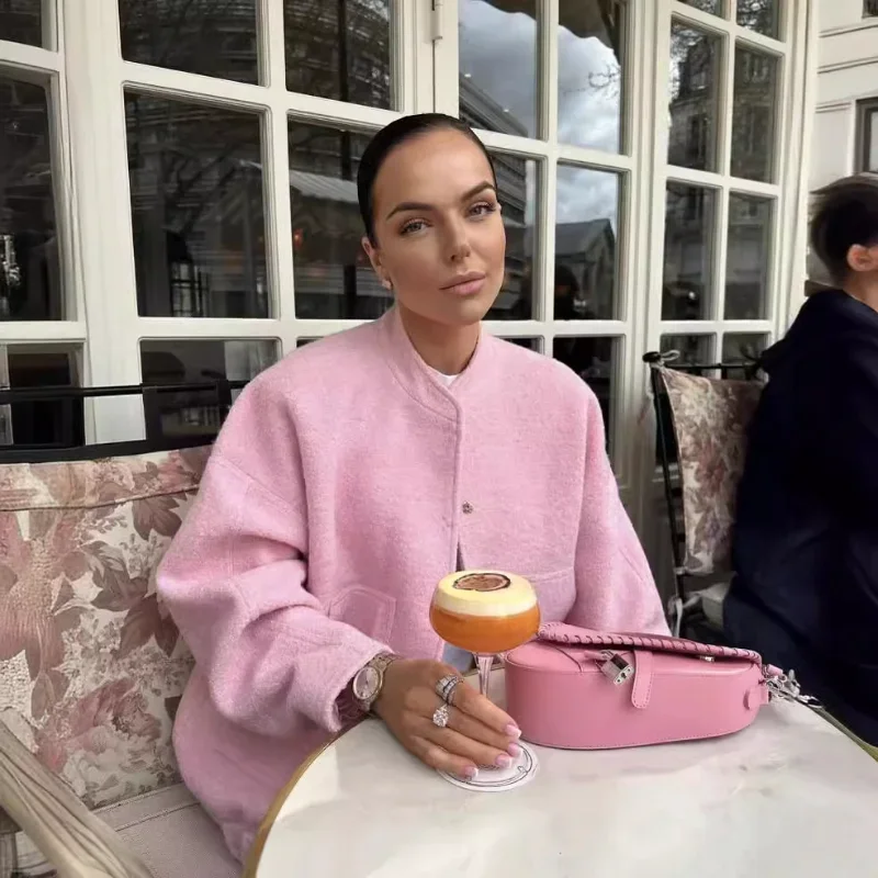 

Woman's Oversized Bomber Jacket Autumn New Round Neck Long Sleeve Pocket Hidden Button Loose Jackets Coat Female Outerwear